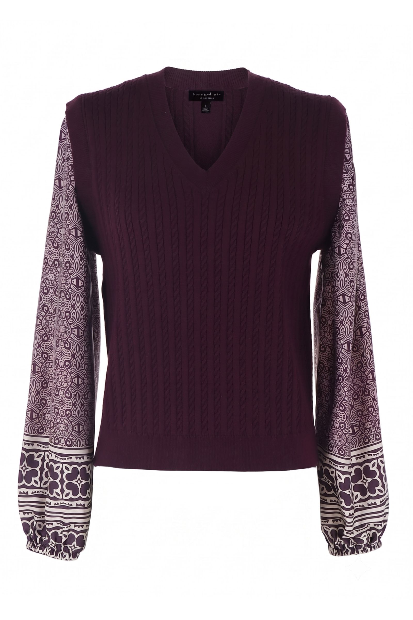 Burgundy Mixed Media V-Neck Cable Sweater - Image 2