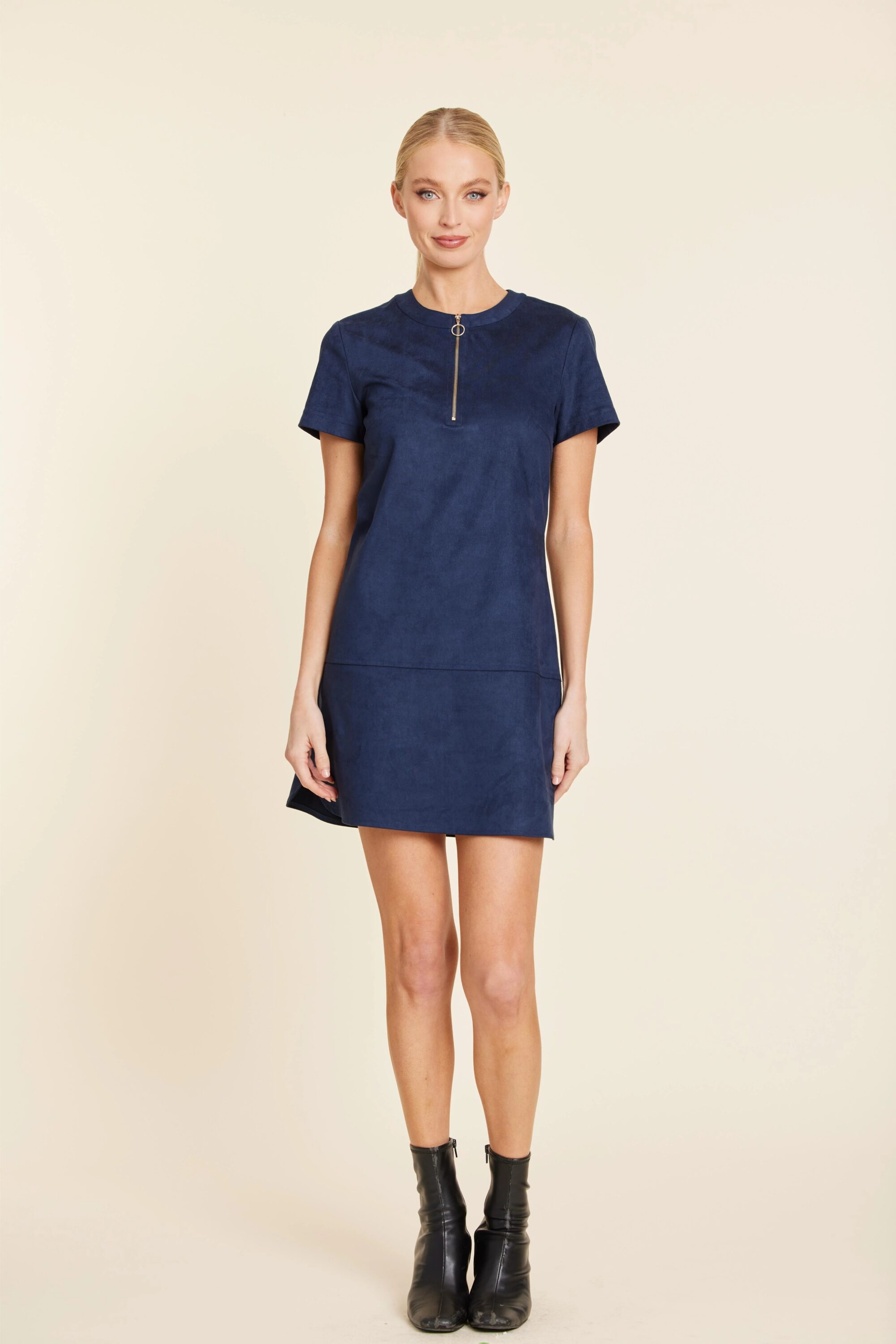 Faux Suede Zip Up Short Sleeve Dress - Image 5