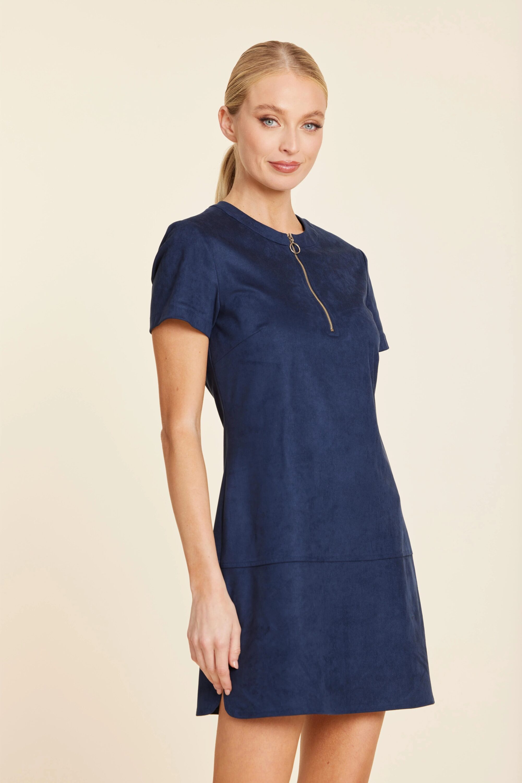 Faux Suede Zip Up Short Sleeve Dress - Image 3