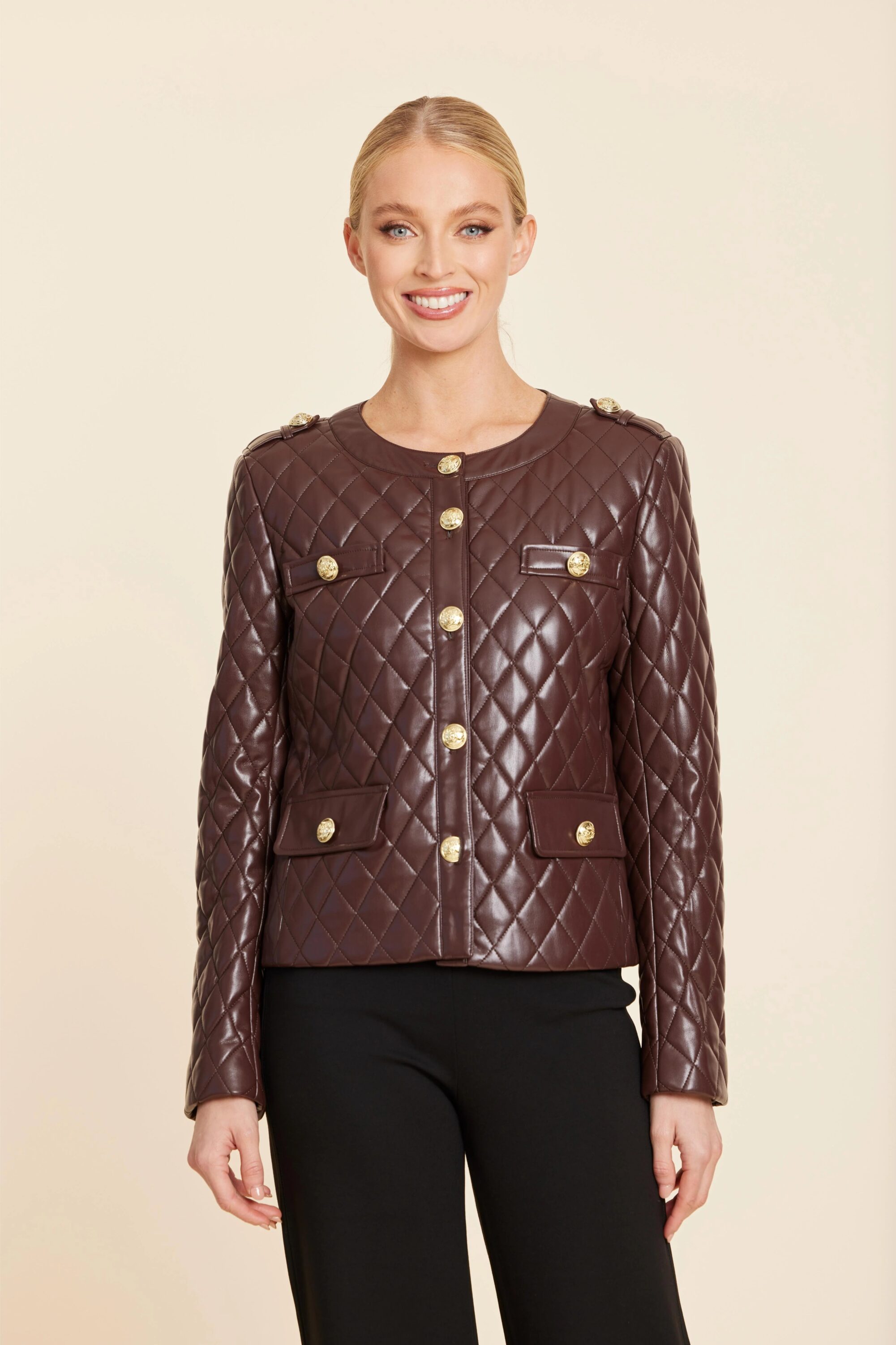 Faux Leather Quilted Gold Button Jacket