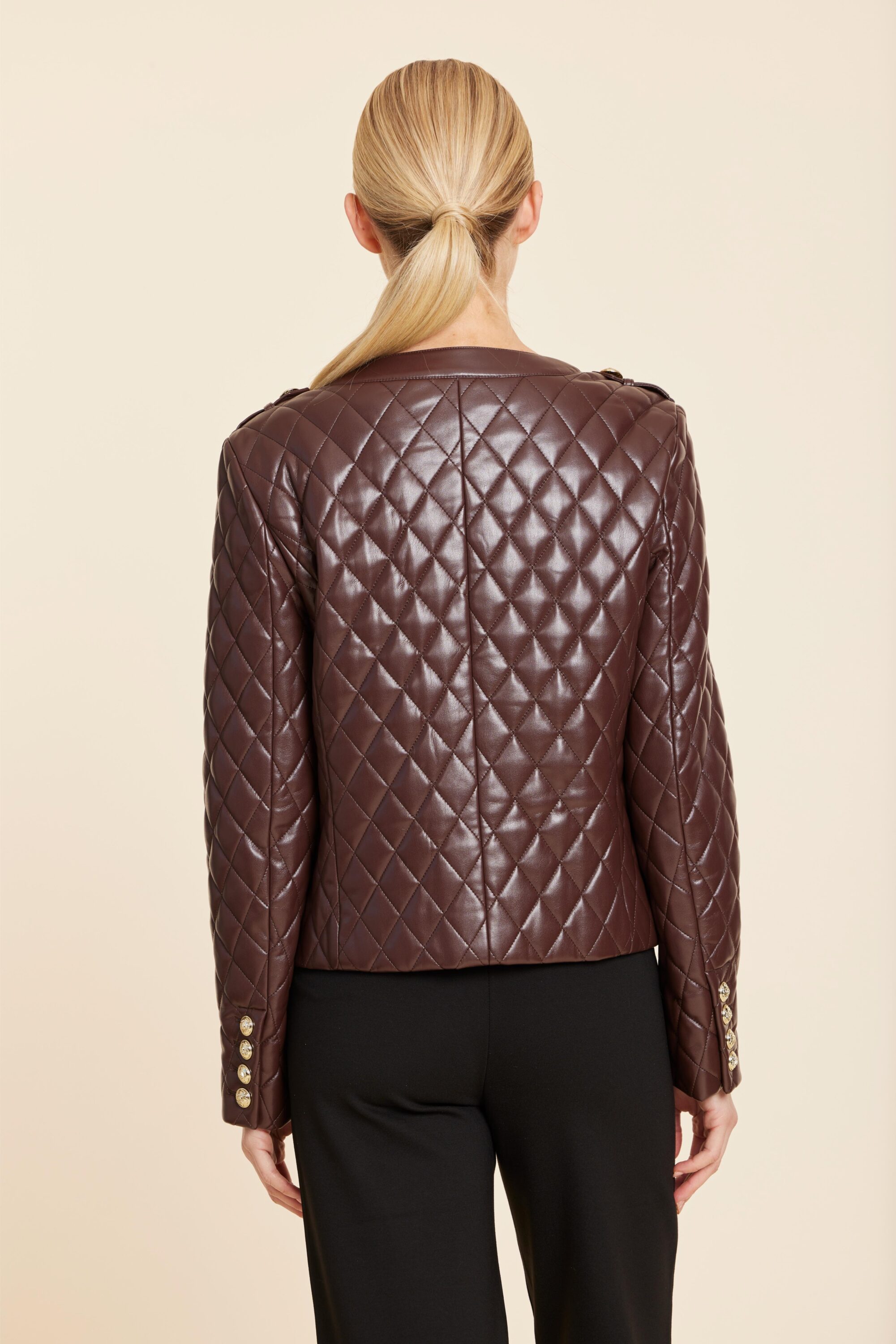 Faux Leather Quilted Gold Button Jacket - Image 2