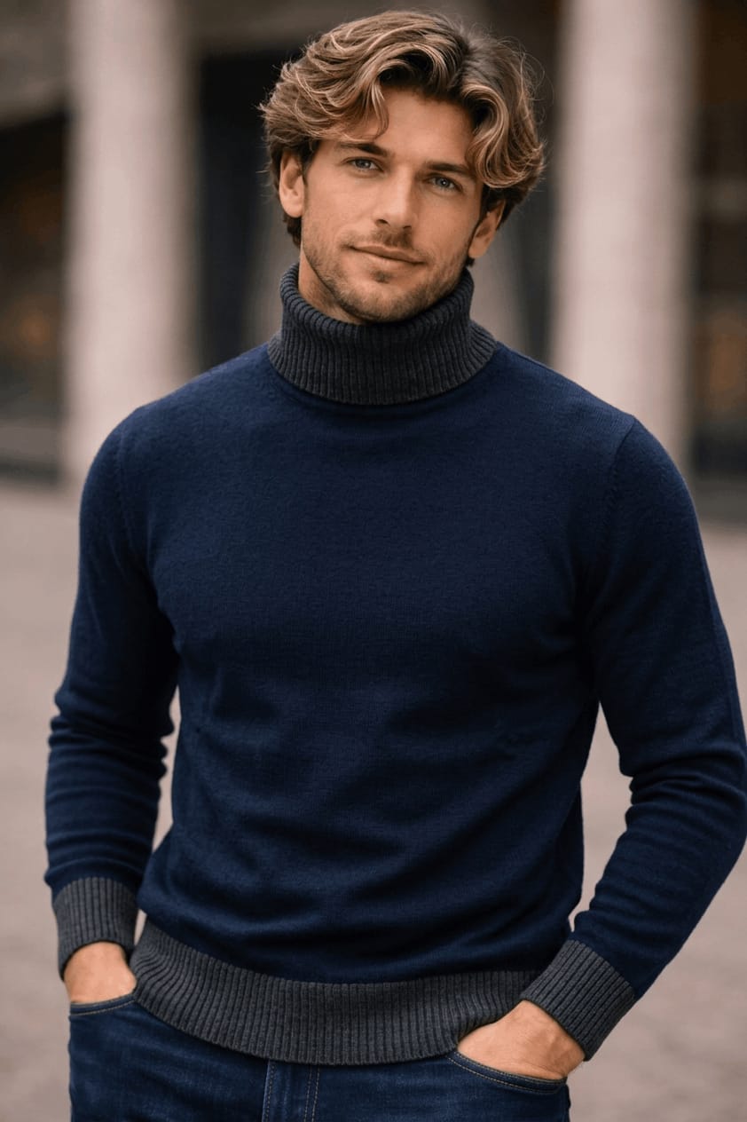 Navy/Medium Gray Cashmere Turtleneck Sweater