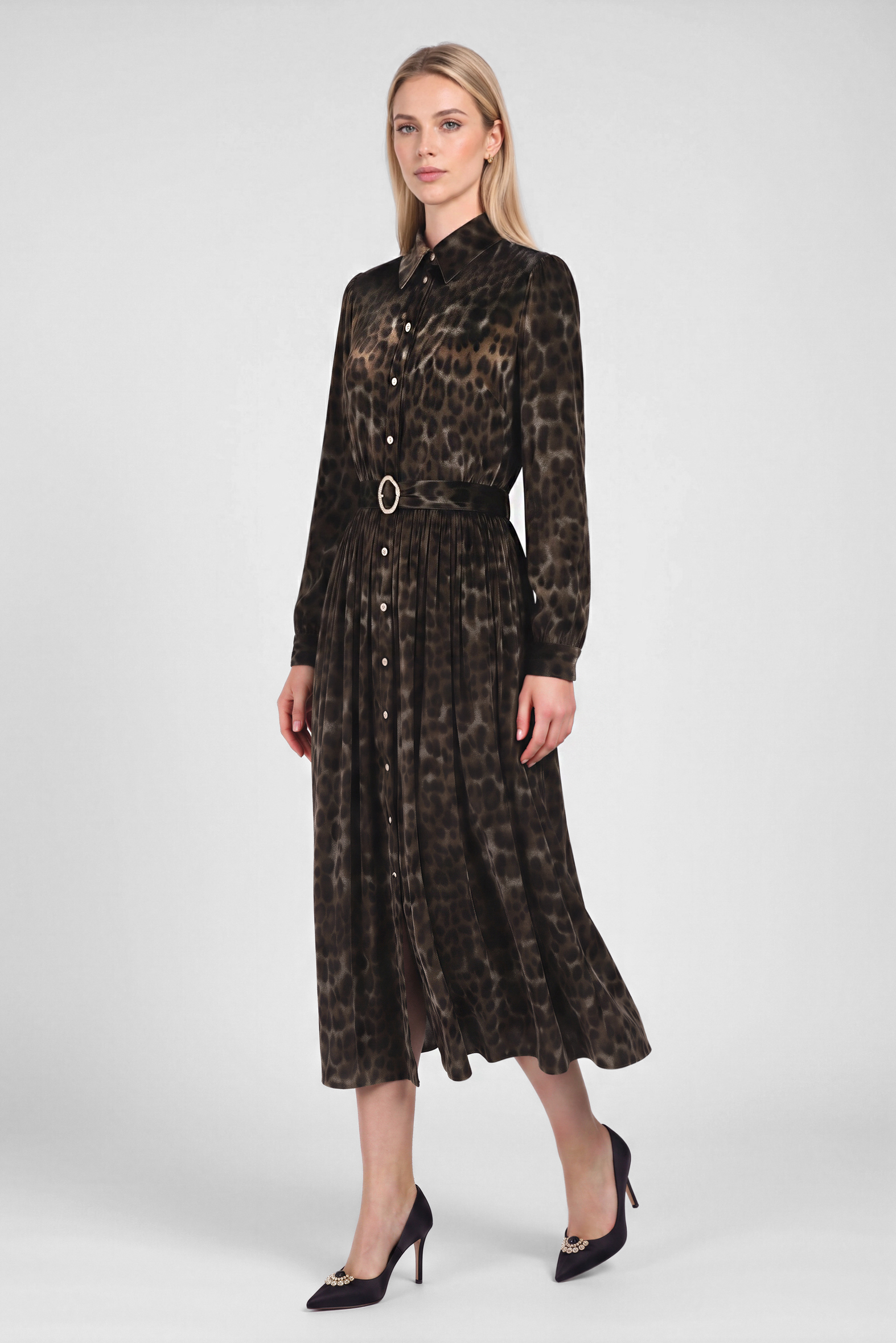 Black Leopard Belted Midi Dress - Image 2